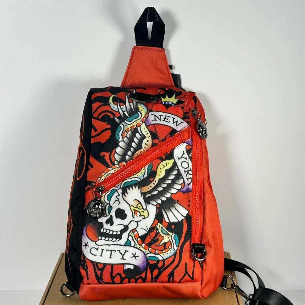 Ed Hardy Sling Backpack Unisex Red Black New York City Skull Eagle‎ Tattoo NWT